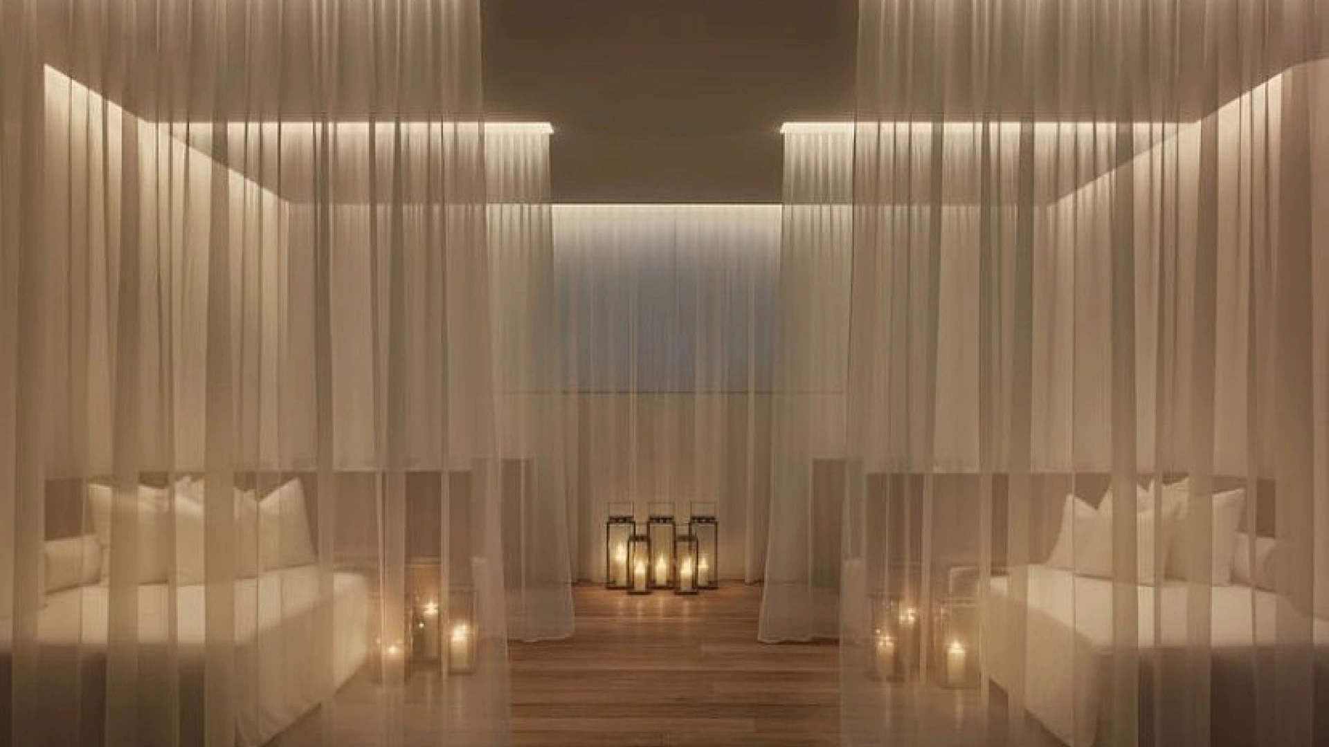 Elegantly decorated bedroom with soft dim lighting, sheer transparent curtains, warm tones, and a cozy, relaxing atmosphere.