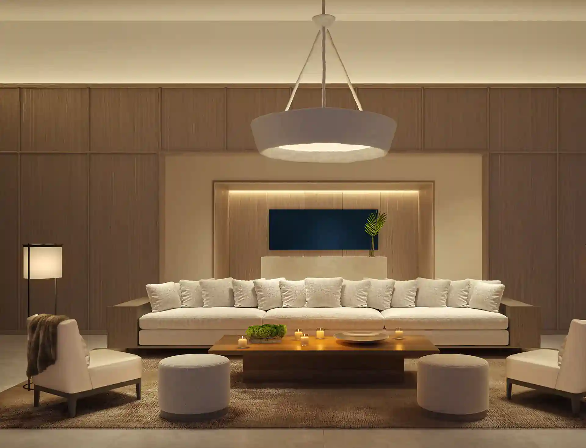 Well-decorated living area of the residence with beautiful hanging light