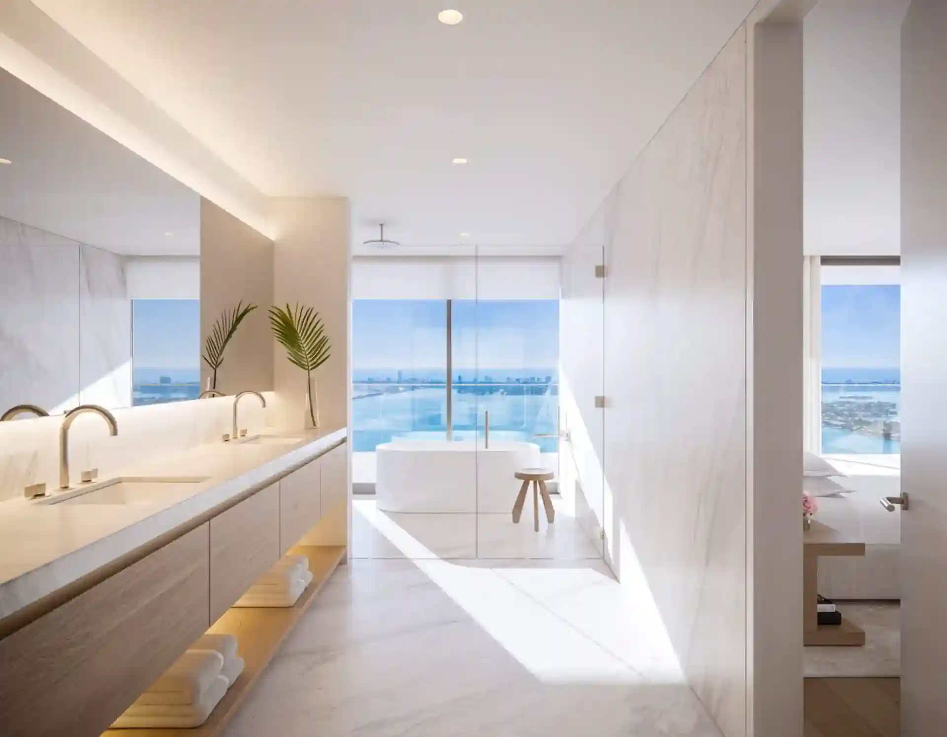 Bathroom with bathtub and beautiful fittings and glass windows.