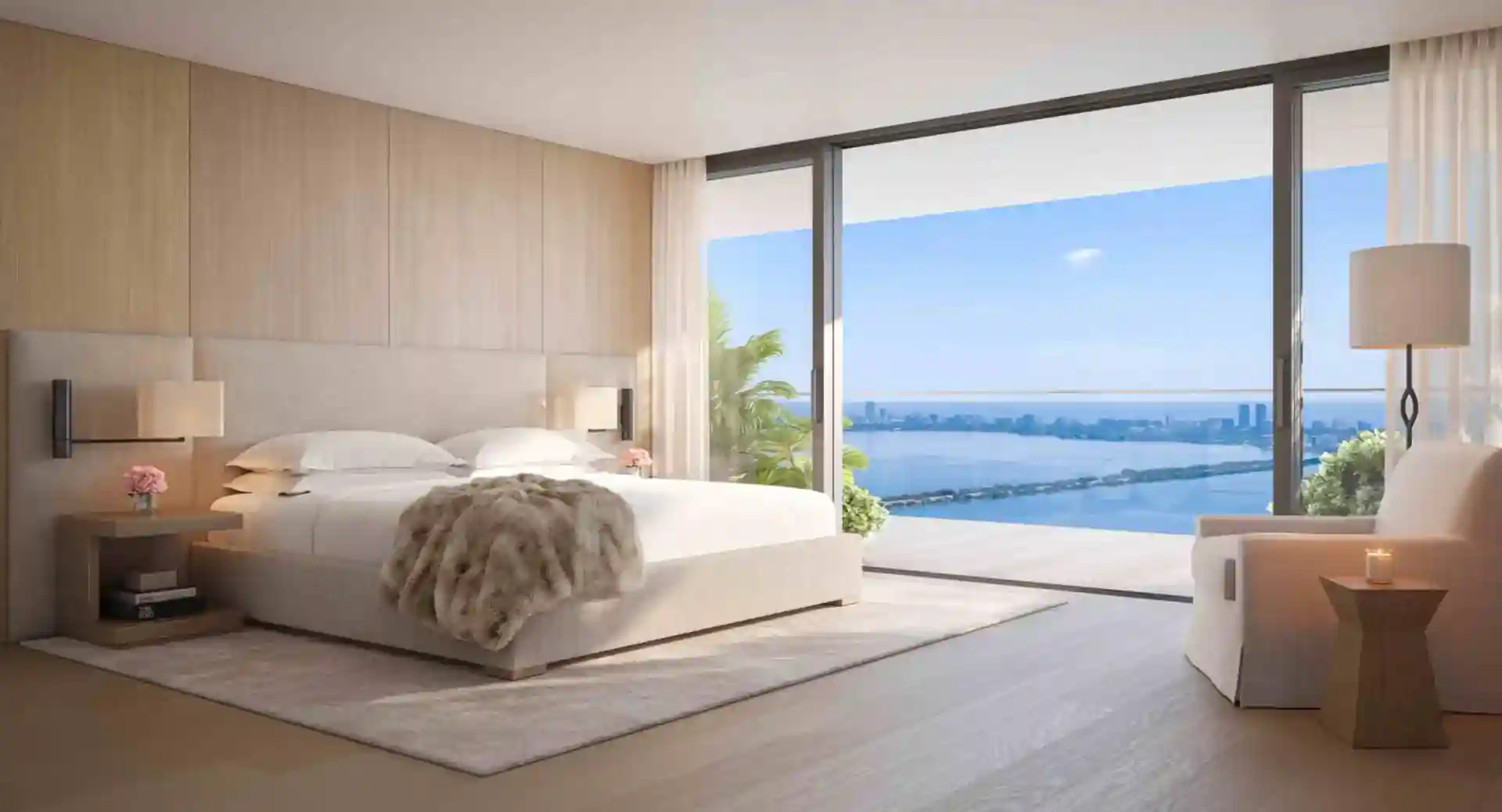 Bedroom with panoramic view of city and sea